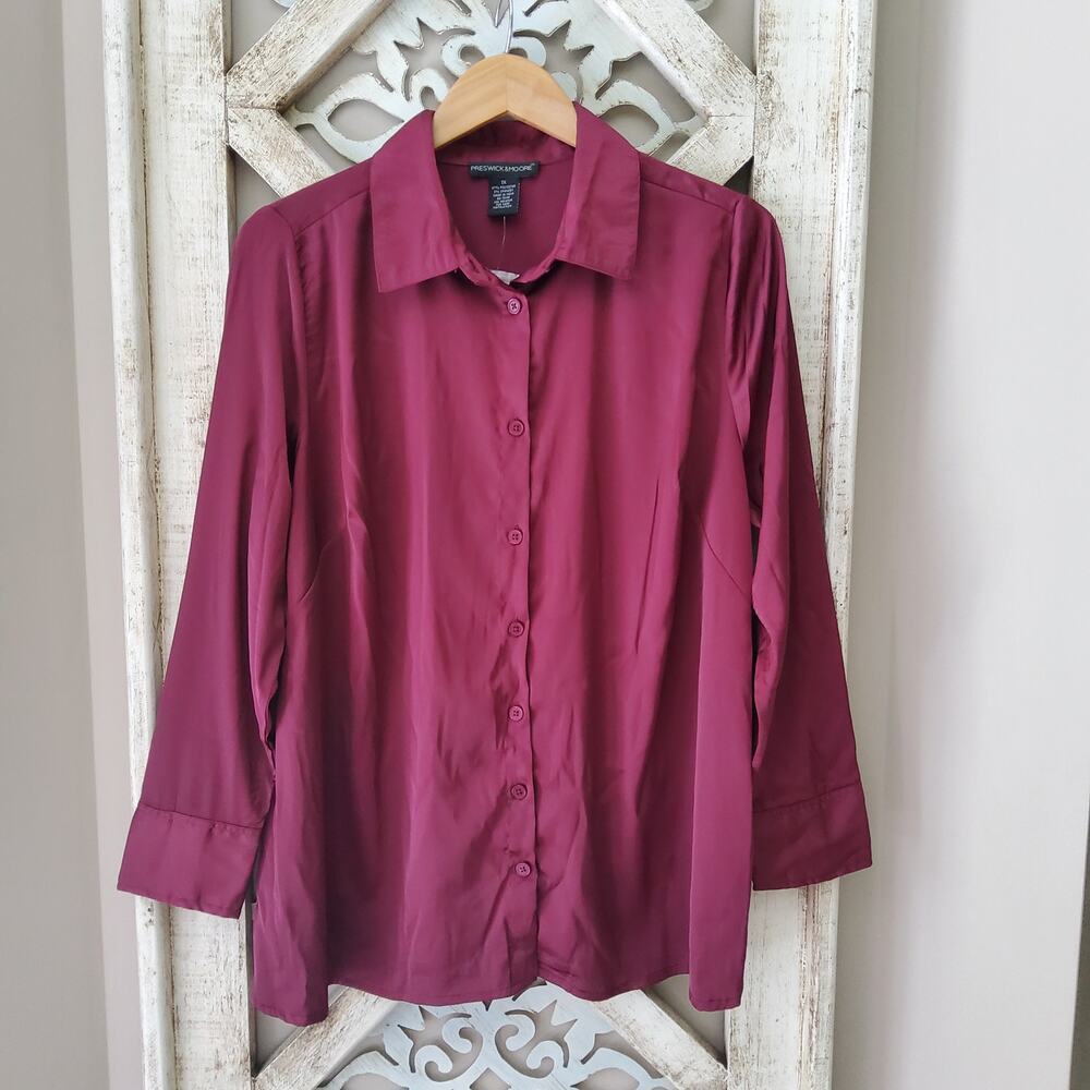 Preswick & Moore Plus 1X 2X 3X Long Sleeve Button Down Satin Blouse in Wine